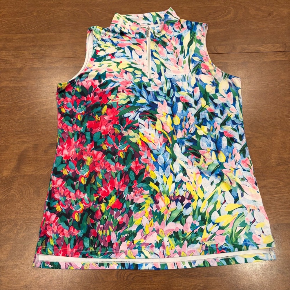 Acegolfs Womens Floral Sleeveless Golf Polo Top Quarter Zip Mock Neck Large